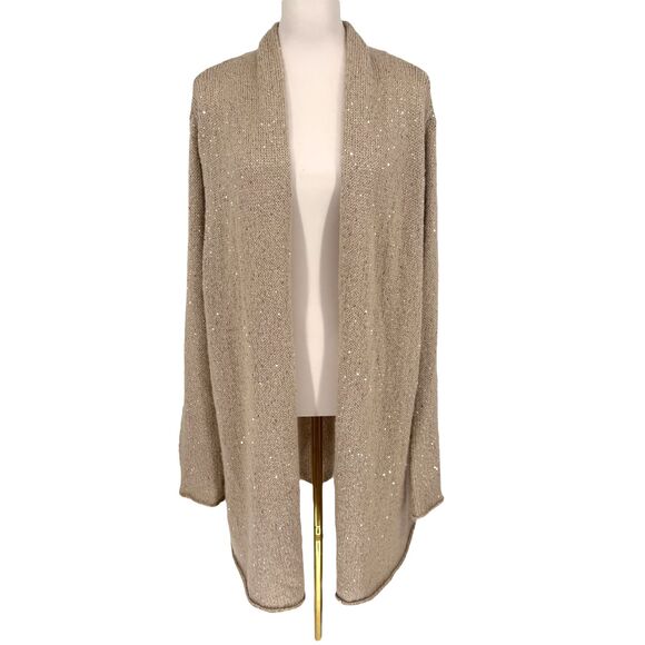 J. Jill Longline Sweater Cardigan 3X Beige Gold Sequins Open Knit Mohair Blend - Picture 3 of 13